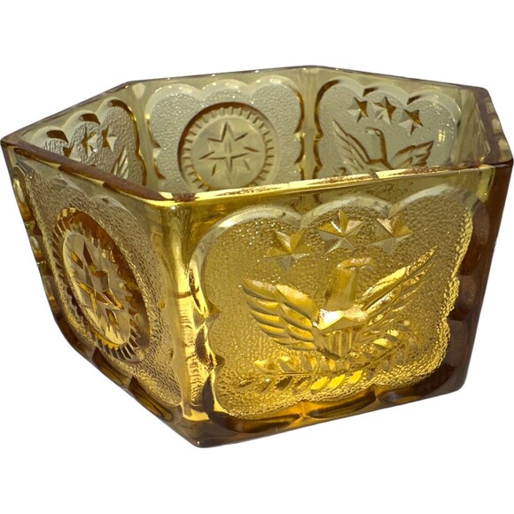 Indiana Glass Tiara Colonial Eagle & Star Hexagonal Candy Dish Amber - Picture 1 of 10